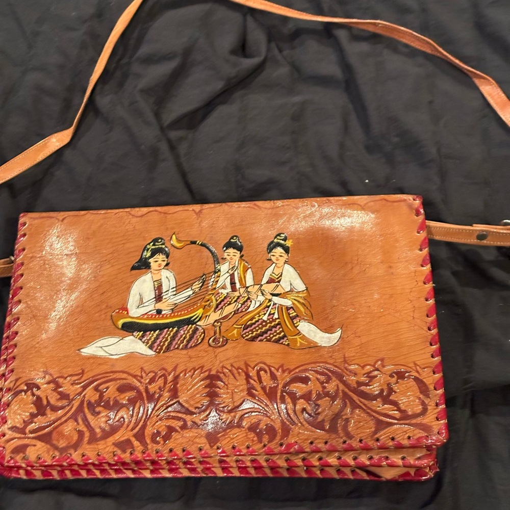 Artisan Hand-Painted Tan Leather Crossbody Bag with Cultural Motif